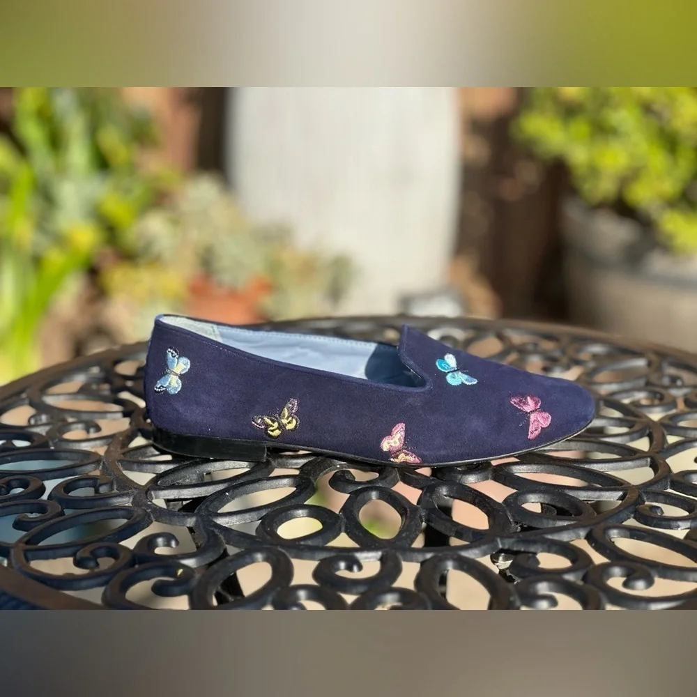 Blue Bird — Embroidered Butterfly Suede Flats